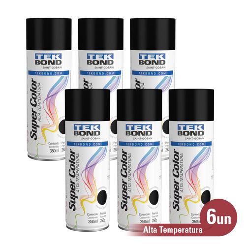 Kit 6 unid. Tinta Spray Uso Geral Preto Alta Temperatura 350ml 250G - Tekbond