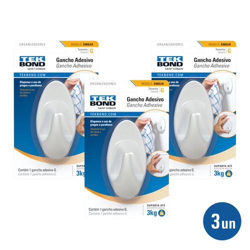 Kit 3 unid. Gancho Ambar De Plástico Branco G - Tekbond